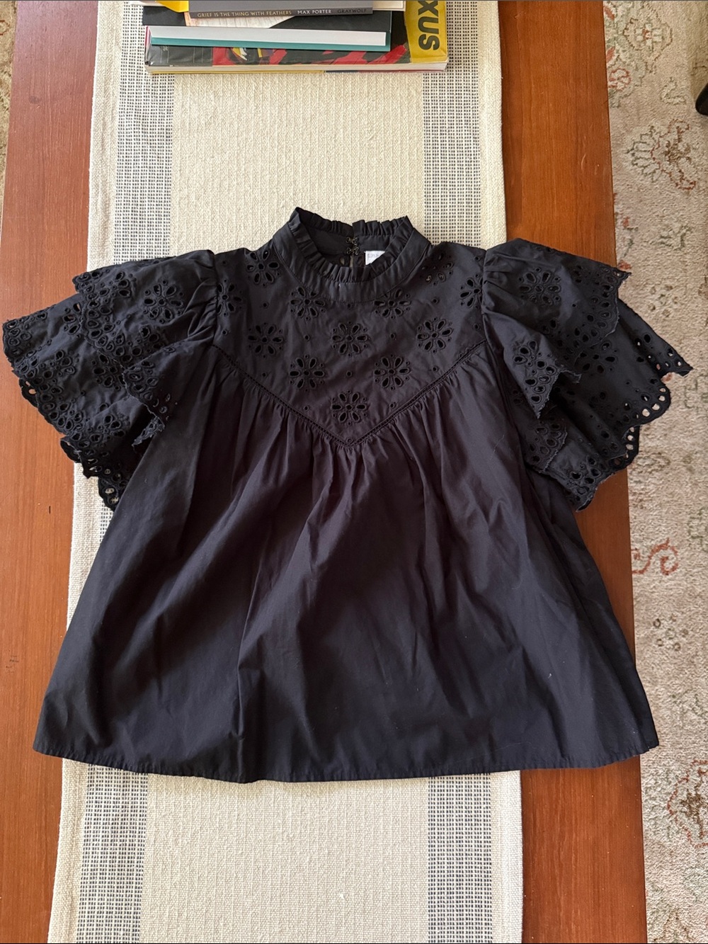 Little Moon Black Eyelet Puff Sleeve Women's Top